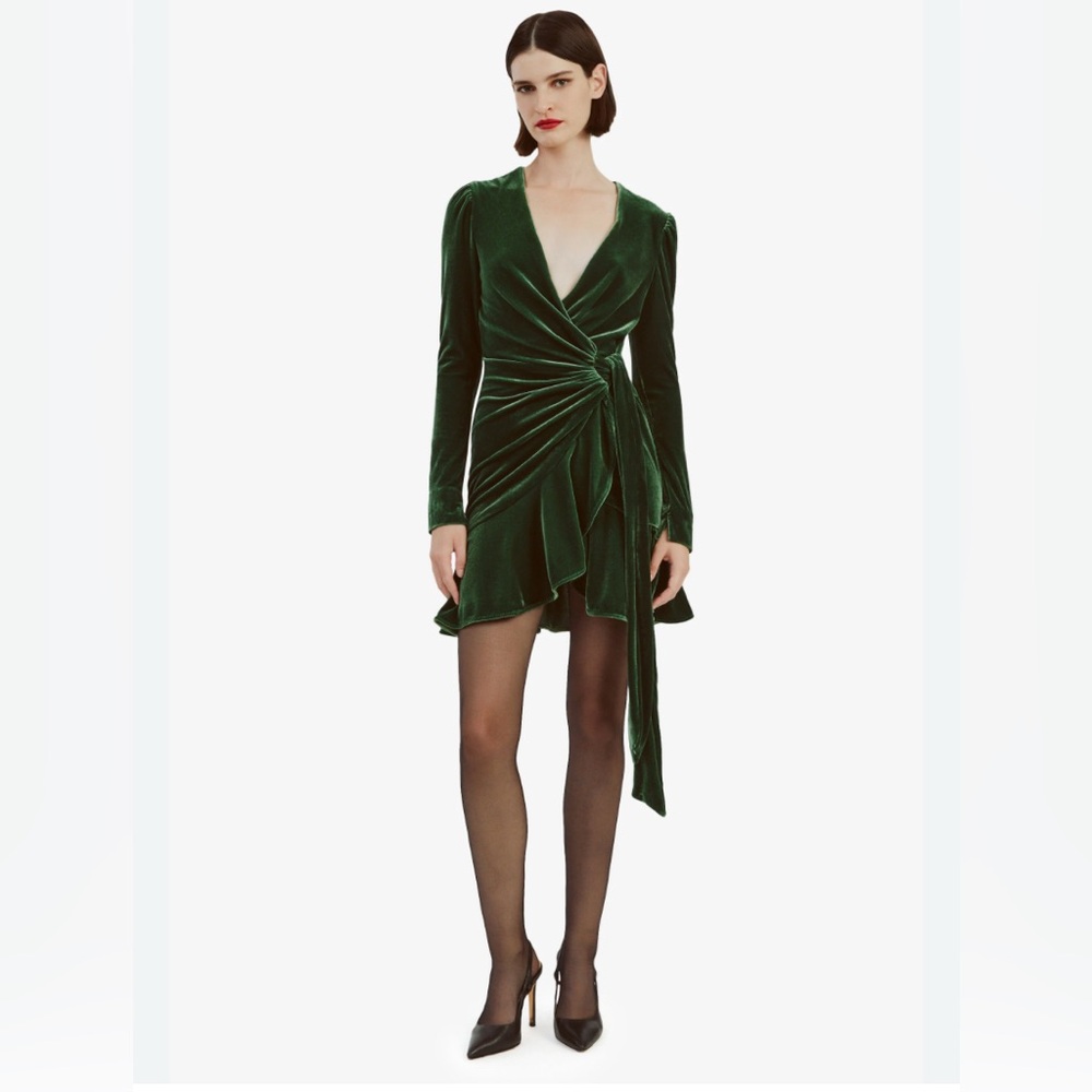 Bardot V-Neck Emerald Bright Green Keala‎ Velour Long Sleeve Wrap Mini Dress